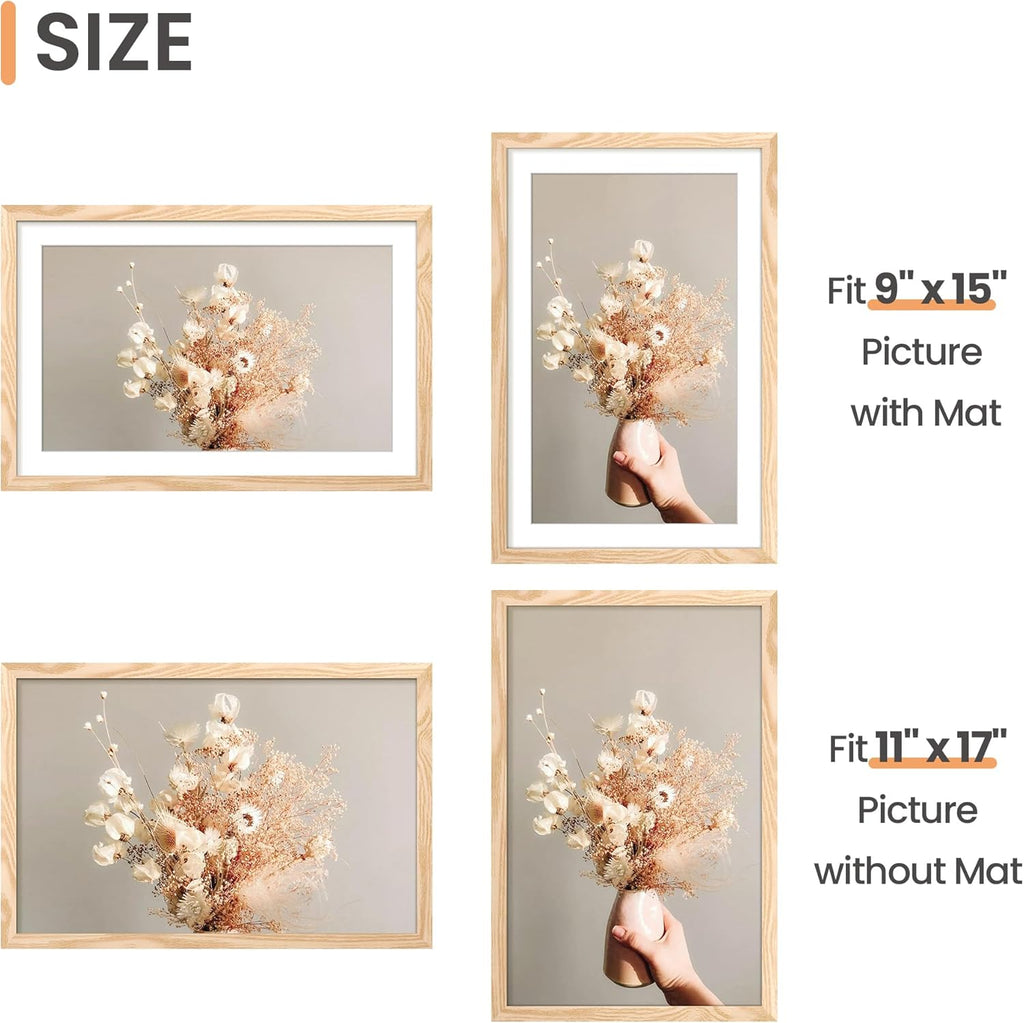 Upsimples 11x17 Picture Frame - Versatile Wall Hanging for 9x15 or 11x17 Photos - Natural Finish, 1 Pack