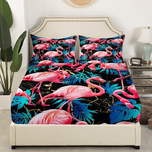 Castle Fairy Flamingo Sheet Queen Size Tropical Palm Leaves Bedding Set Golden Black Marble Kids Teens Audlts Wild Birds Animal Fashion Bed Sheet Set 4pcs(Fitted + Flat + 2 Pillowcases)