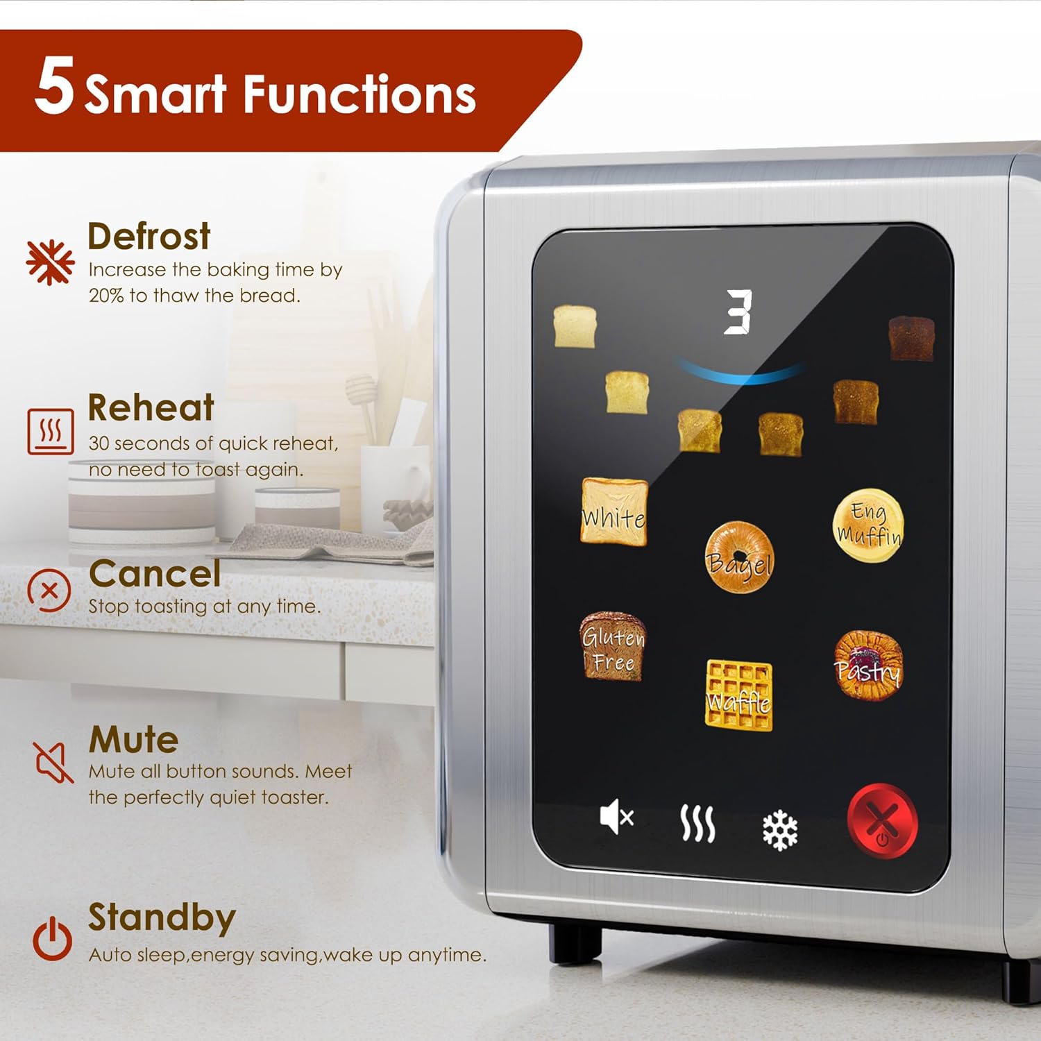 WHALL Stainless Steel 2-Slice Toaster - Full Touch Screen, Digital Timer, 6 Bread Types & Shades, Silver