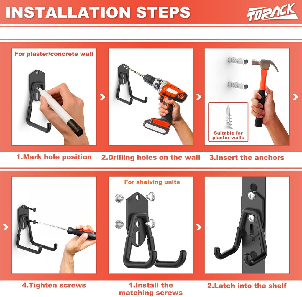 TORACK Garage Storage System Hooks - 15 PCS Wall Mount Utility Hooks for Tools, Ladders & More | Black
