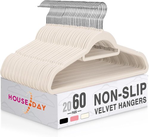 HOUSE DAY Velvet Hangers - Non-Slip Space-Saving 60 Pack in Ivory for Clothes, Pants, and Coats
