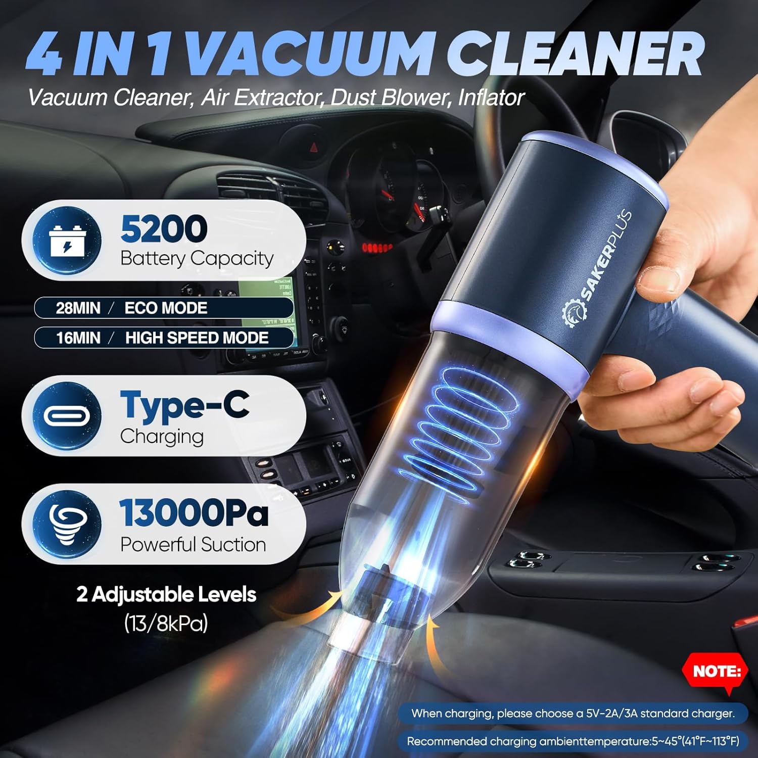 SakerPlus Car Vacuum Cleaner - 3 in 1 Cordless Handheld, 13000Pa High Power, Portable for Cars & Desktop