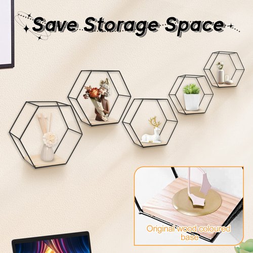 F FINEC Wall Mounted Hexagonal Floating Shelves Black Set of 5 in Different Sizes, Modern Metal Shelf, Simple Wood Partition Storage Shelves, Decor Rack for Bedroom, Living Room, Kitchen and Office