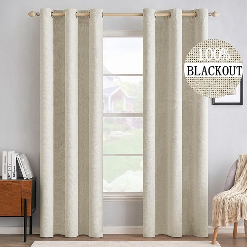 MIULEE 100% Blackout Linen Textured Curtains - Thermal Insulated Cream Drapes | Luxury Room Darkening 42 x 84 Inch (2 Panels)