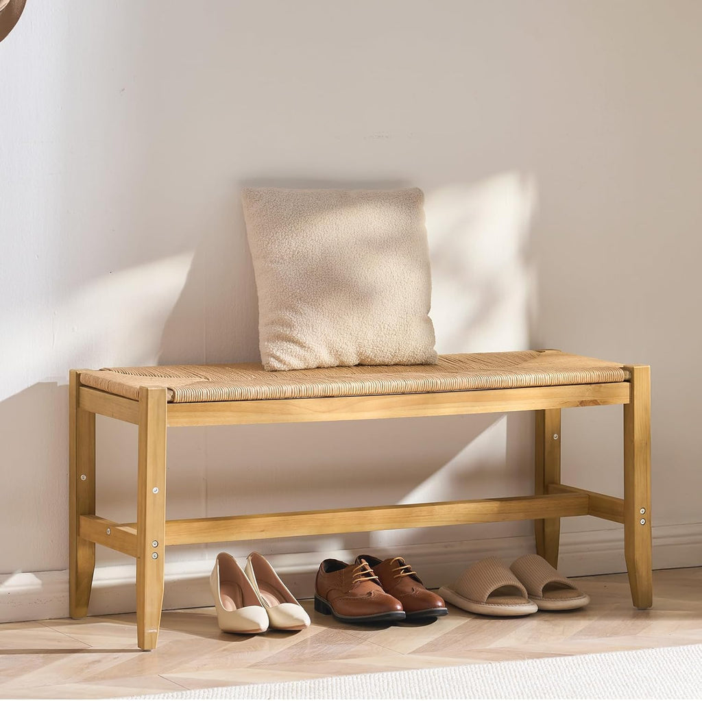 VEVOR Rattan Bench - 40" Wooden Entryway Bench with Oak Legs | Hand-Woven Boho Style for Living Room & Bedroom