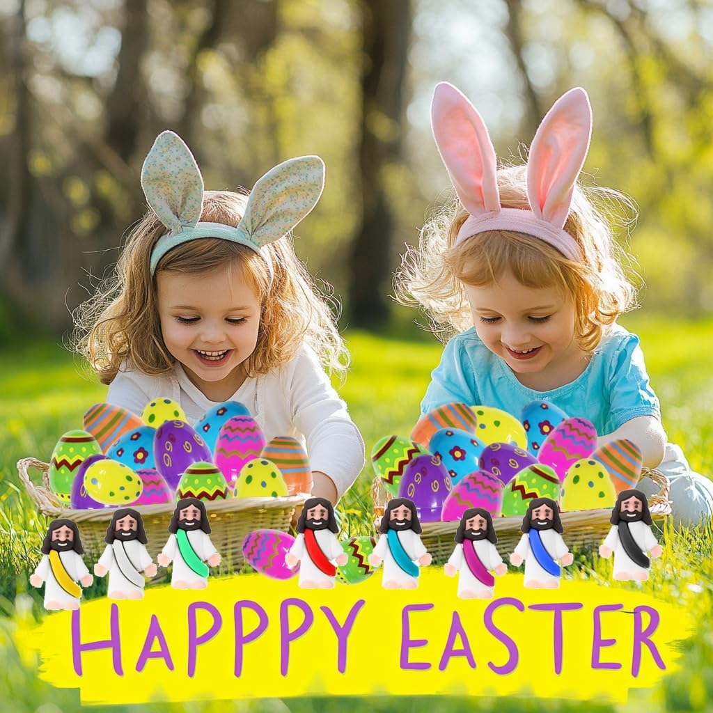 Skiennix 24 Pcs Prefilled Easter Eggs - Mini Jesus Figurines for Kids' Easter Egg Hunt & Basket Stuffers