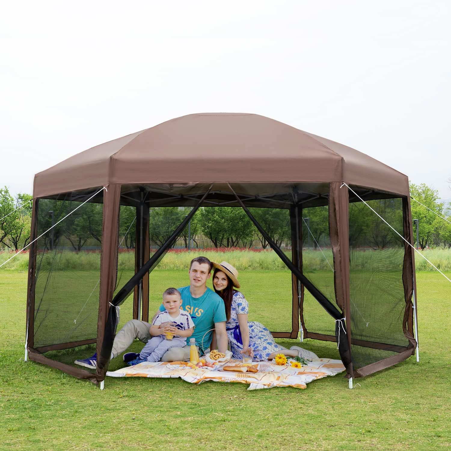 PayLessHere 13x13ft Hexagonal Gazebo - Waterproof Pop-Up Tent with Mosquito Netting & Carry Bag - Brown