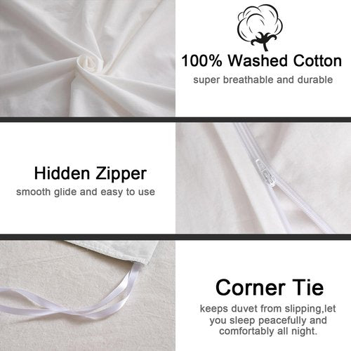 MILDLY 100% Washed Cotton King Duvet Cover, Comfortable Simple Style Bedding White Duvet Cover Set, King Duvet Cover Set with Zipper Closure (No Comforter)-King