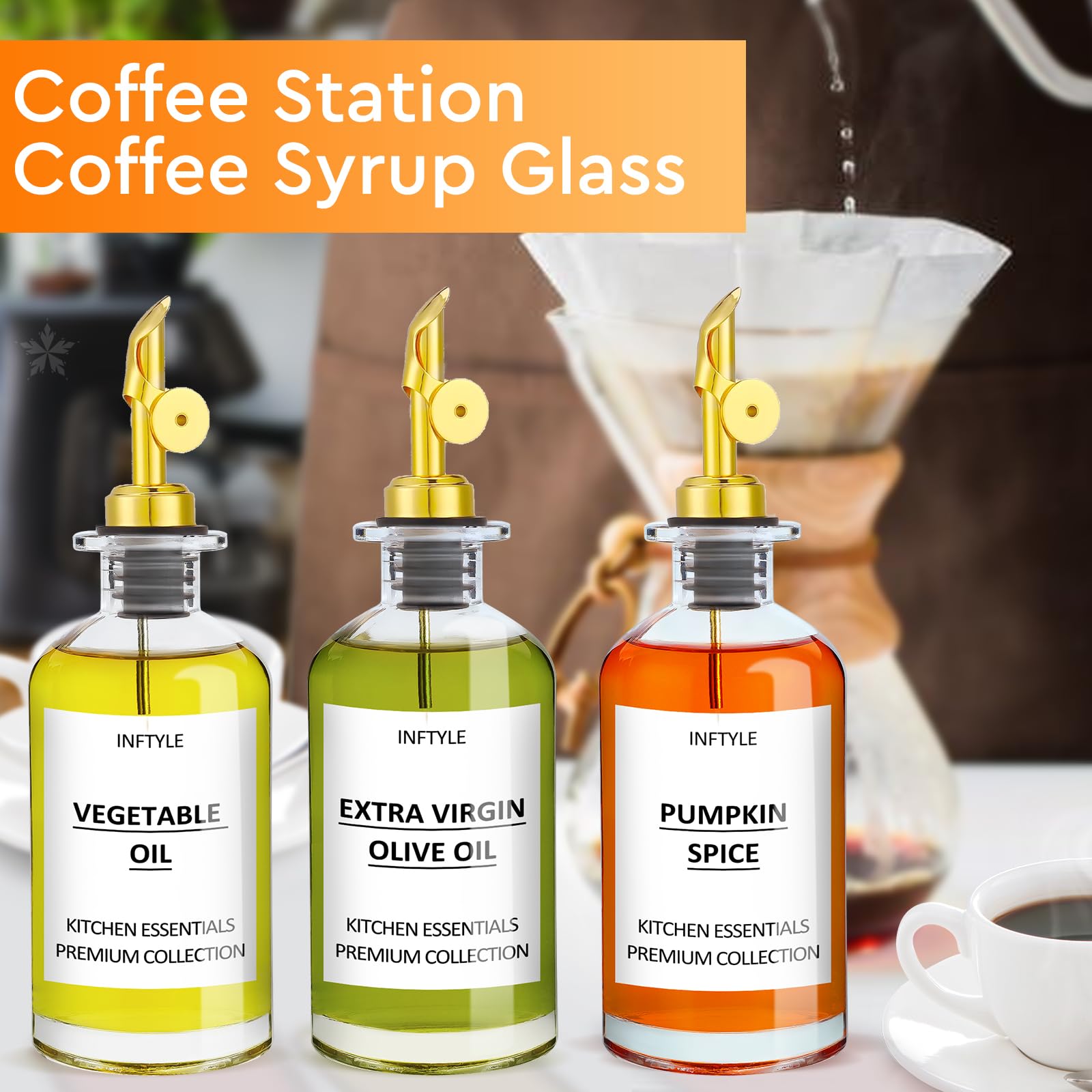 INFTYLE Olive Oil Dispenser Bottle Glass Coffee Syrup Bottles Set of 6 Cooking Oil bottles for kitchen, with Pourer Spout, Sealing Stopper, Labels, Funnel, Cleaning Brush (12 oz)