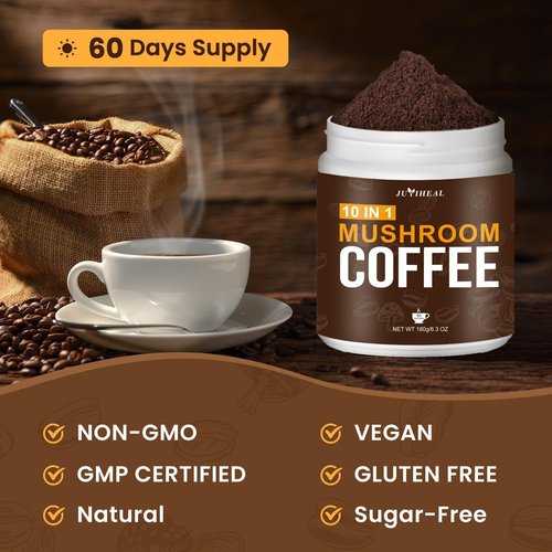 JUYIHEAL Mushroom Coffee, 10 in1 Mushroom Powder Coffee with Lions Mane, Chaga, Reishi, Cordyceps, Maitake, Shiitake, and Turkey Tail for Energy, Focus, Immune Support, 180g