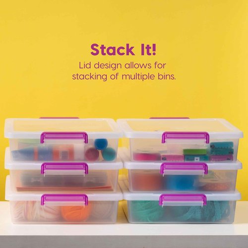 IRIS USA Craft Storage Container Bins - 6 Qt. Clear Organizer Tote with Lids | Stackable & Secure Latch Buckles, 6 Pack