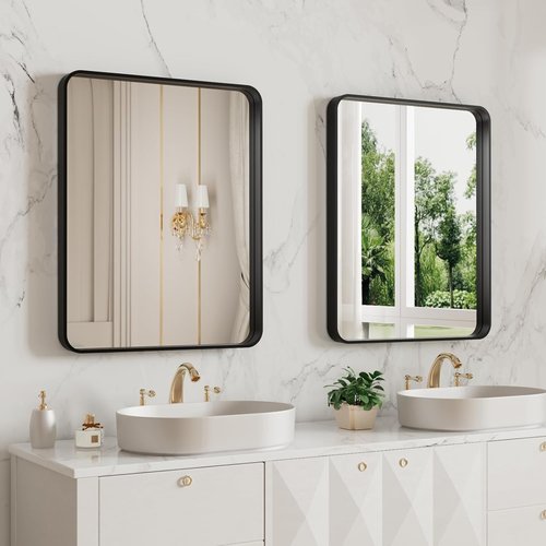 LOAAO Black Metal Framed Bathroom Mirror - 20x16 Inch Large Rounded Rectangle, Anti-Rust, Versatile Hanging Options