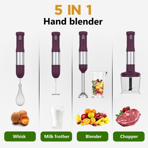 WHUTO Cordless Immersion Hand Blender, 5-in-1 Variable Speed blender handheld,Rechargeable with 2000mAh Battery, BPA-Free & Dishwasher-Safe Accessories:700ml Beaker,Chopper,Whisk & Milk Frother,Plum