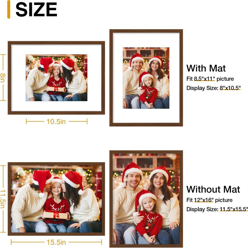 decorUhome 12x16 Picture Frame Set of 10, Display Photos 8.5x11 with Mat or 12x16 Unmatted for Picture Frames Collage Wall Decor, Brown