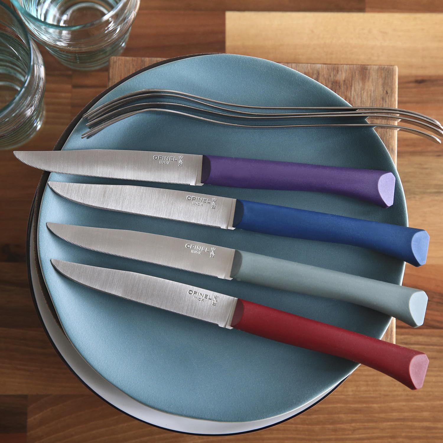 OPINEL Bon Appetit + Table Knives, 4 Piece Set Steak Knives, High Carbon Steel Dinner Knives for Parties, Entertaining, or Everyday Use, Polymer Handles, Dishwasher Safe, Made in France (Glam)