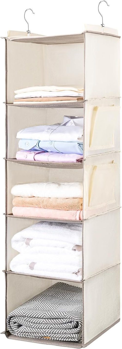BOOMIBOO Hanging Closet Organizer - 5-Tier Shelves with 2 Side Pockets | Foldable Storage (Beige, 2 Pack)