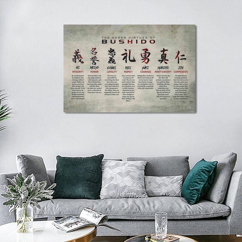 Japanese Samurai Wall Art 7 Virtues of Bushido Code Pictures Wall Decor Japanese Warrior Room Poster Canvas Prints Framed Modern Inspirational Painting Artwork for Bedroom Office Bathroom 24"x16"