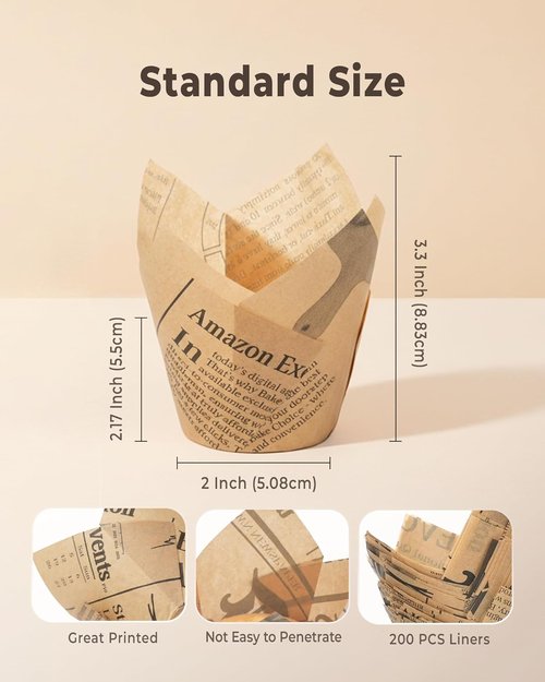 Bake Choice Tulip Cupcake Liners - 200 Pcs Grease Resistant Parchment Paper Muffin Wrappers | Newspaper Print