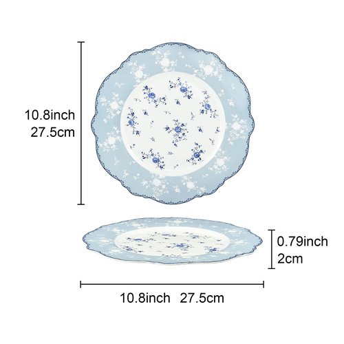 fanquare 10 Inch Porcelain Dinner Plates Set of 4, Lace Dishes Set for Salad, Pasta, Soup, Dessert, Blue Roses