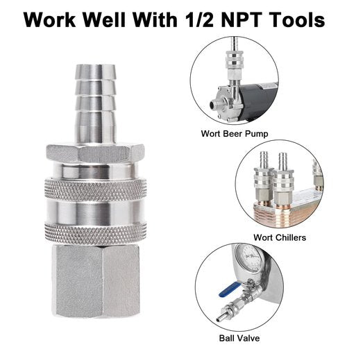 MRbrew Quick Disconnect Set, 304 Stainless Steel 1/2 FPT Female Thread Disconnect 1/2'' Male Barb Brewing Connector Kit Quick Disconnect for Ball Valve & Wort Beer Pumps & Wort Chiller Hose Fitting