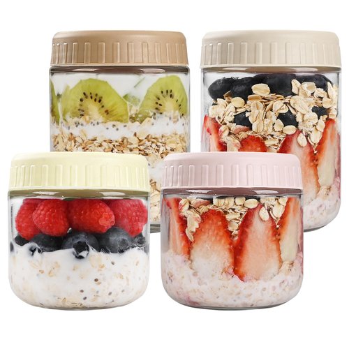 SHOWIN Overnight Oats Containers with Lids, Glass Jars with Lids 4 pcs, Wide Mouth Mason jars for Salad, Yogurt, Snacks, Meal Prep