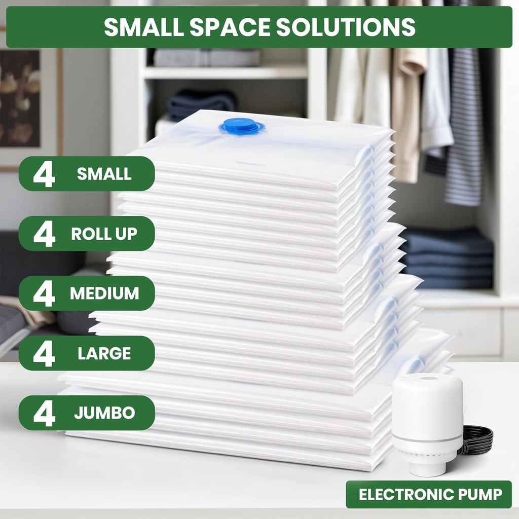 Skiennix Vacuum Storage Bags - 20-Pack with Electric Air Pump | Space-Saving for Clothes, Comforters & More - 4 Jumbo, 4 Large, 4 Medium, 4 Small, 4 Roll-Up