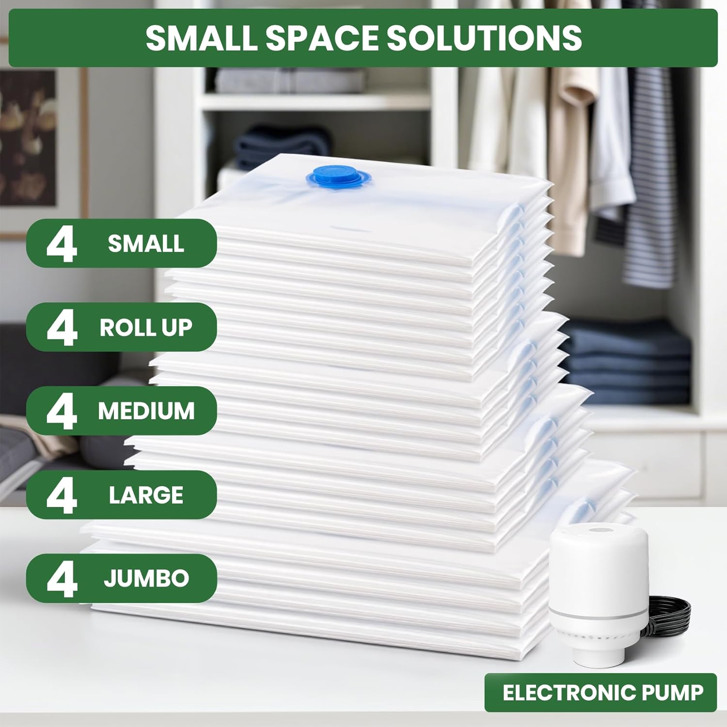 Skiennix Vacuum Storage Bags - 20-Pack with Electric Air Pump | Space-Saving for Clothes, Comforters & More - 4 Jumbo, 4 Large, 4 Medium, 4 Small, 4 Roll-Up