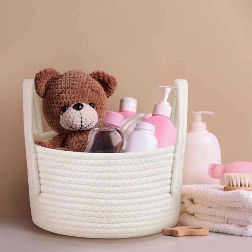 FillTouch 3 Pack Small Woven Baskets with Handles Cute Basket Gift Cotton Rope Baby Woven Nursery Shelf Storage Organizer Bin with Handles White Soft Organizer for Empty Room 9.5'' x 9.5'' x 5.5''
