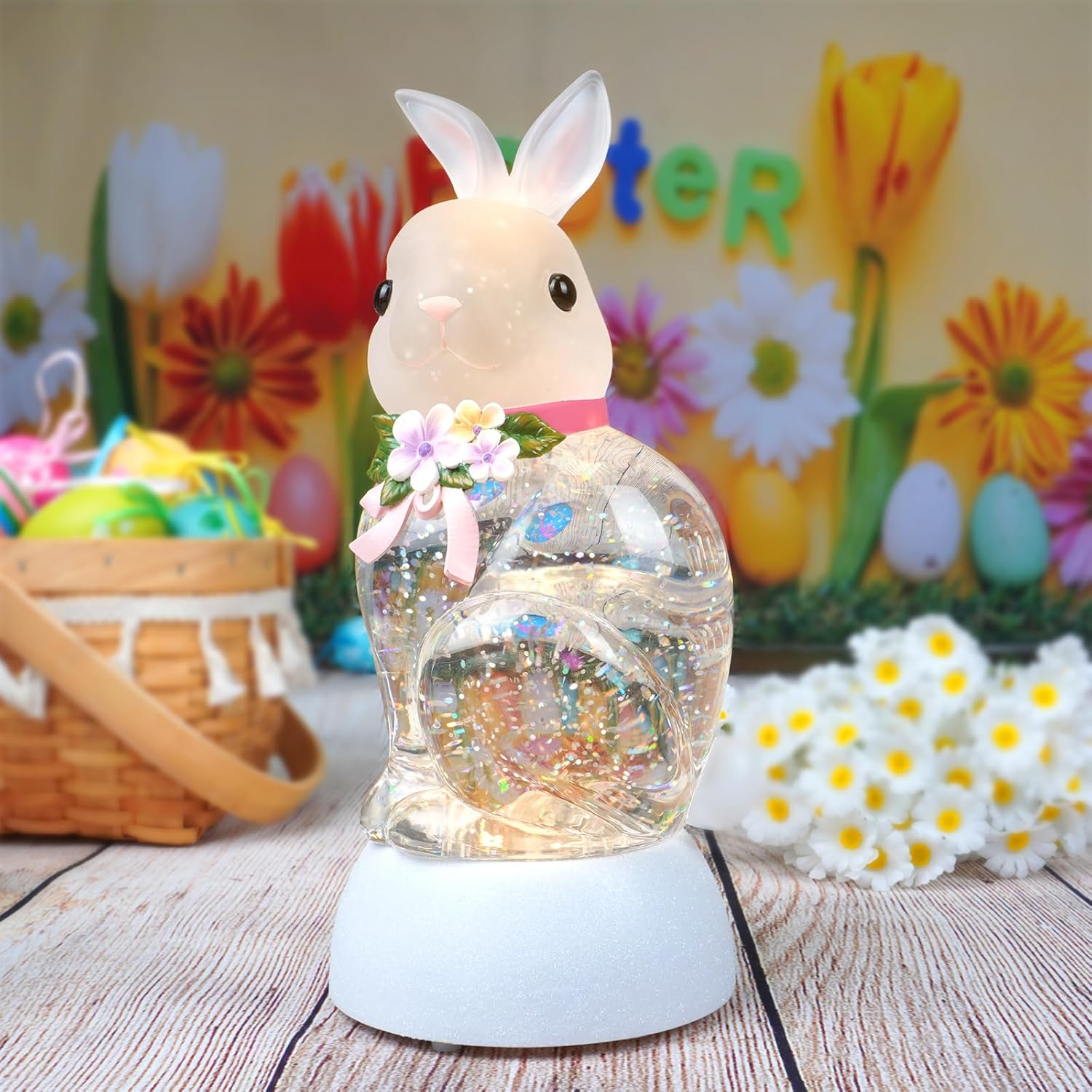 Spring Rabbit Snow Globe Lantern - Glittering Bunny Decor with 6-Hour Timer | USB & Battery Powered