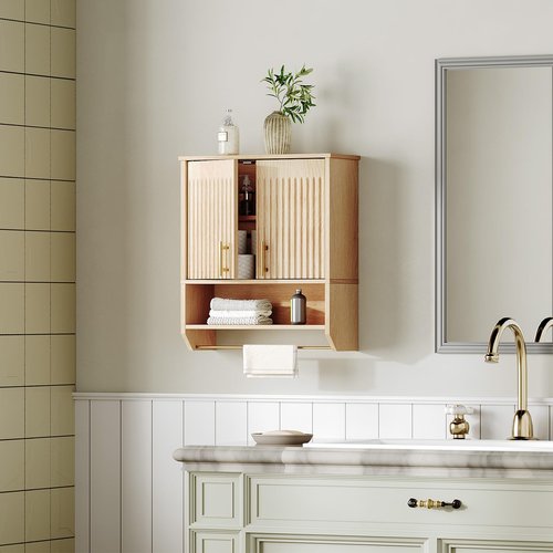 HOOBRO Fluted Bathroom Wall Cabinet, Farmhouse Medicine Cabinet with 2 Fluted Doors, Wall Storage Shelf with Towel Rack, Adjustable Shelf, for Small Spaces, Bathroom, Kitchen, Natural