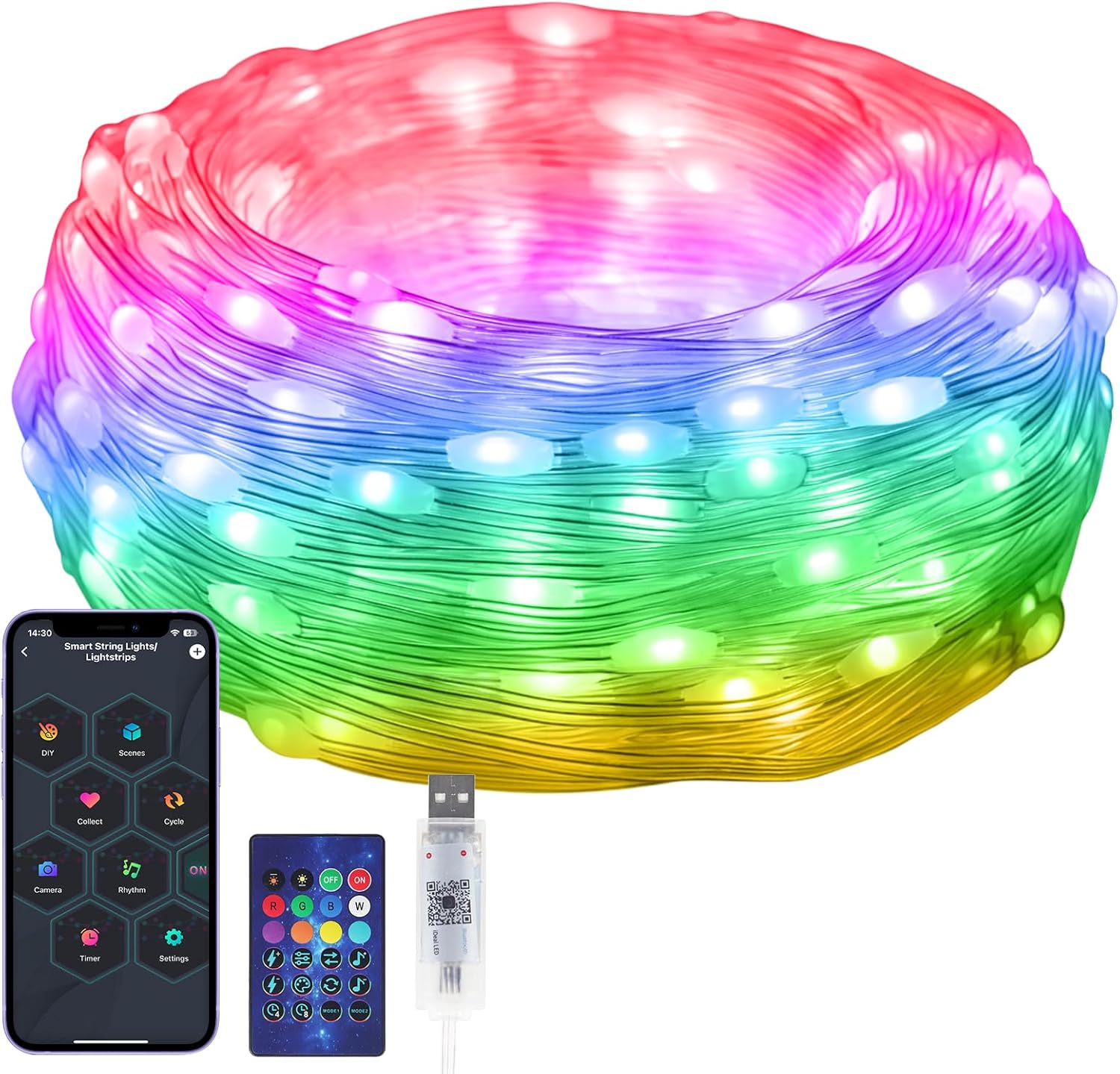Skiennix RGB Smart IC String Lights - 16FT Indoor Fairy Lights with APP & Remote Control, 50 Multicolor LEDs, USB Powered & IP65 Waterproof for Christmas & Parties