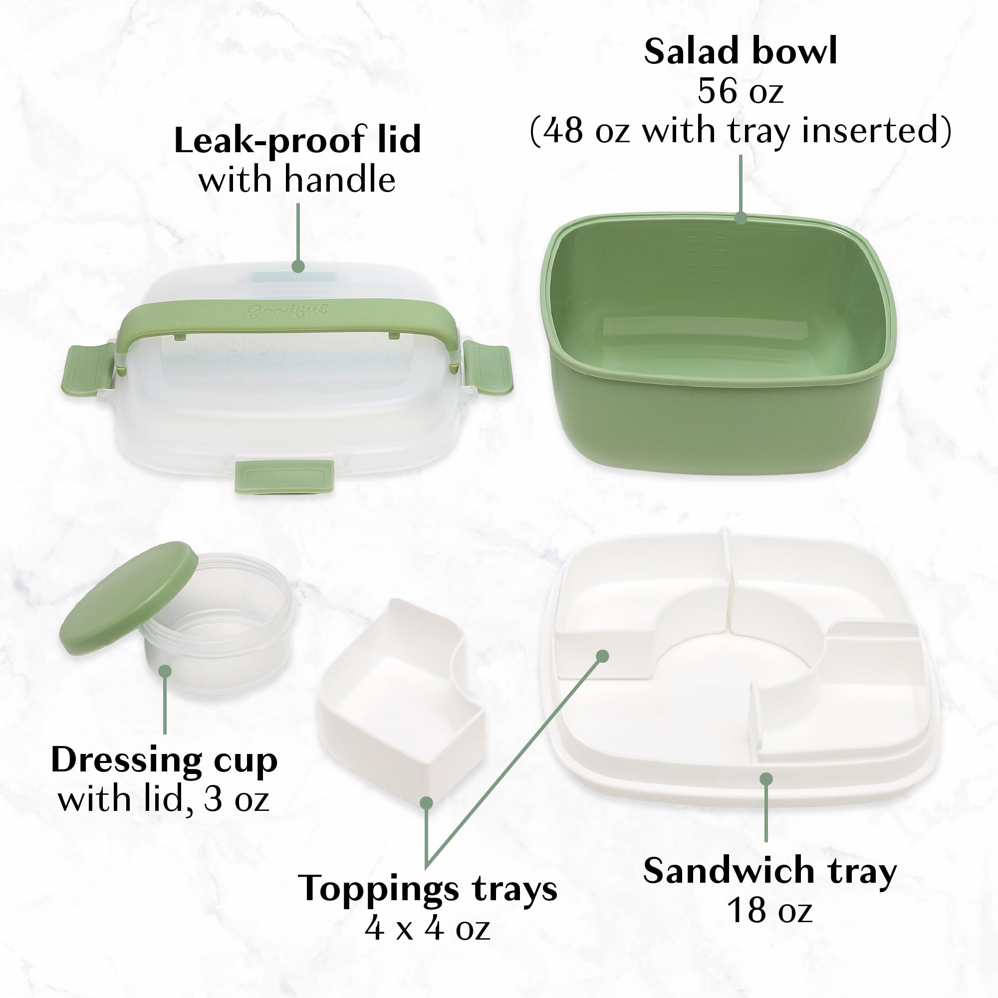 Goodful Stackable Lunch Box Container, Bento Style Food Storage with Removeable Compartments for Sandwich, Snacks, Toppings & Dressing, Leak-Proof and Made without BPA, 56-Ounce, Sage