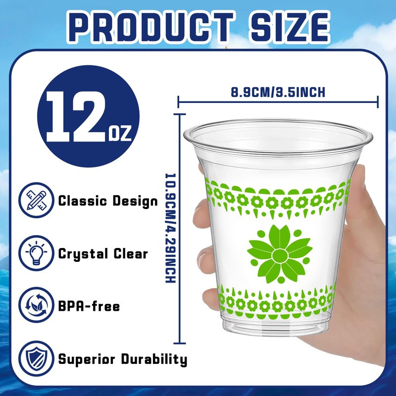 60 Pcs 12 oz Fiesta Plastic Cups Mexican Cinco De Mayo Party Decorations Disposable Mexican Papel Picado Pattern Clear Cups for Taco Theme Party Decors Supplies