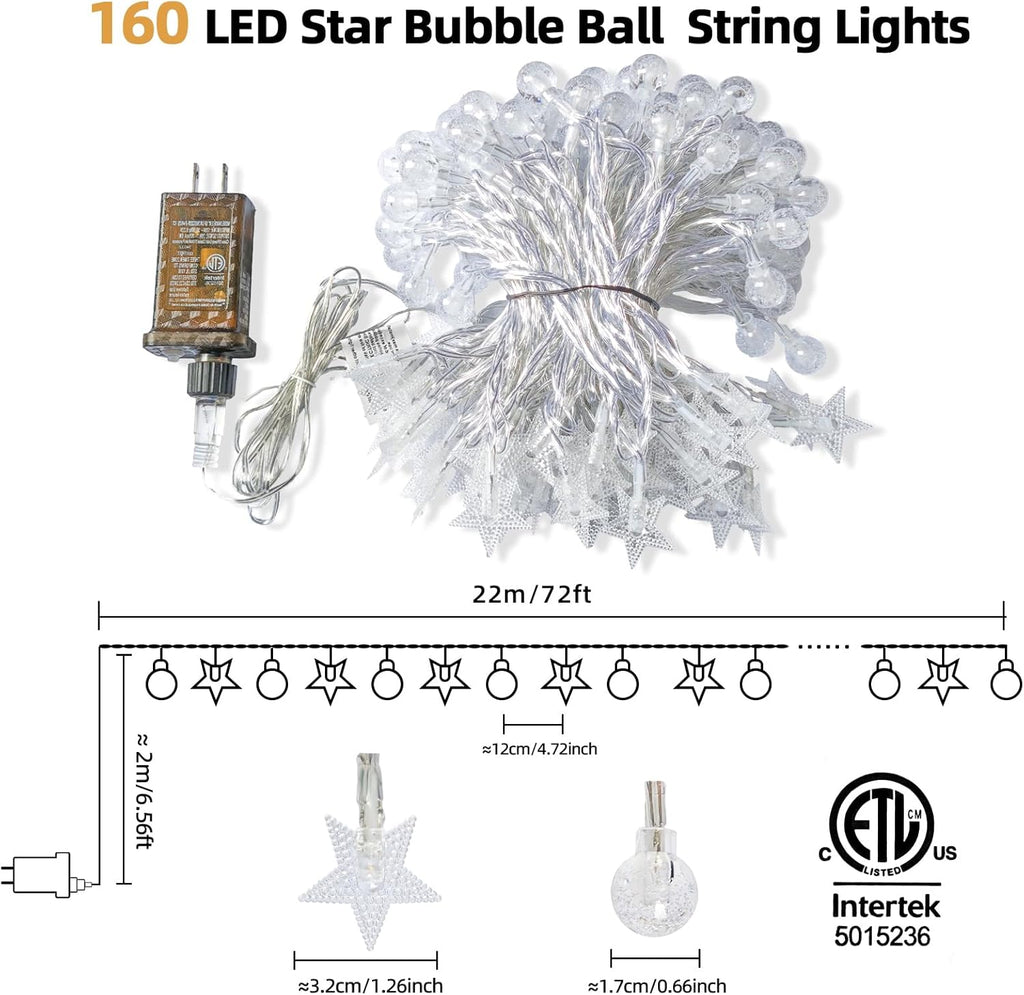 Skiennix Crystal Globe & Star String Lights - 72 FT 160 LED Fairy Lights with Remote & Timer | Waterproof for Indoor/Outdoor Use