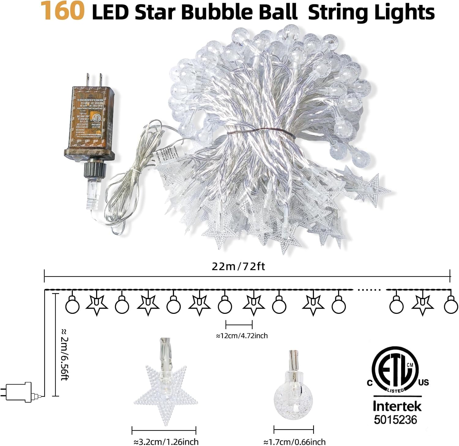 Skiennix Crystal Globe & Star String Lights - 72 FT 160 LED Fairy Lights with Remote & Timer | Waterproof for Indoor/Outdoor Use