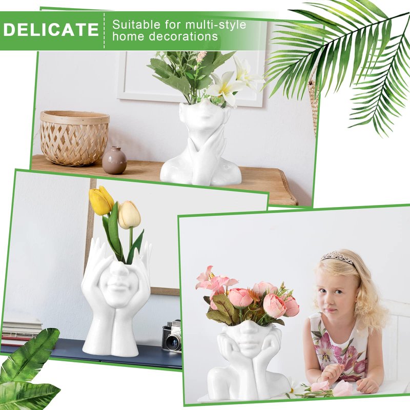 Sieral 3 Pcs Ceramic Face Vase Female Form Flower Modern Body Vase for Decor with Head Half Body Bust Centerpiece for Table Shelf Home Bedroom Room Office(Large,White)