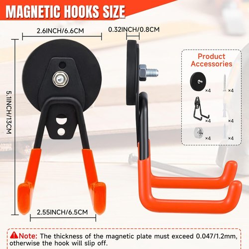 Magnetic Hooks 4 Pack - Heavy Duty Large Hooks with Anti-Slip Coating for Garage & Workshop