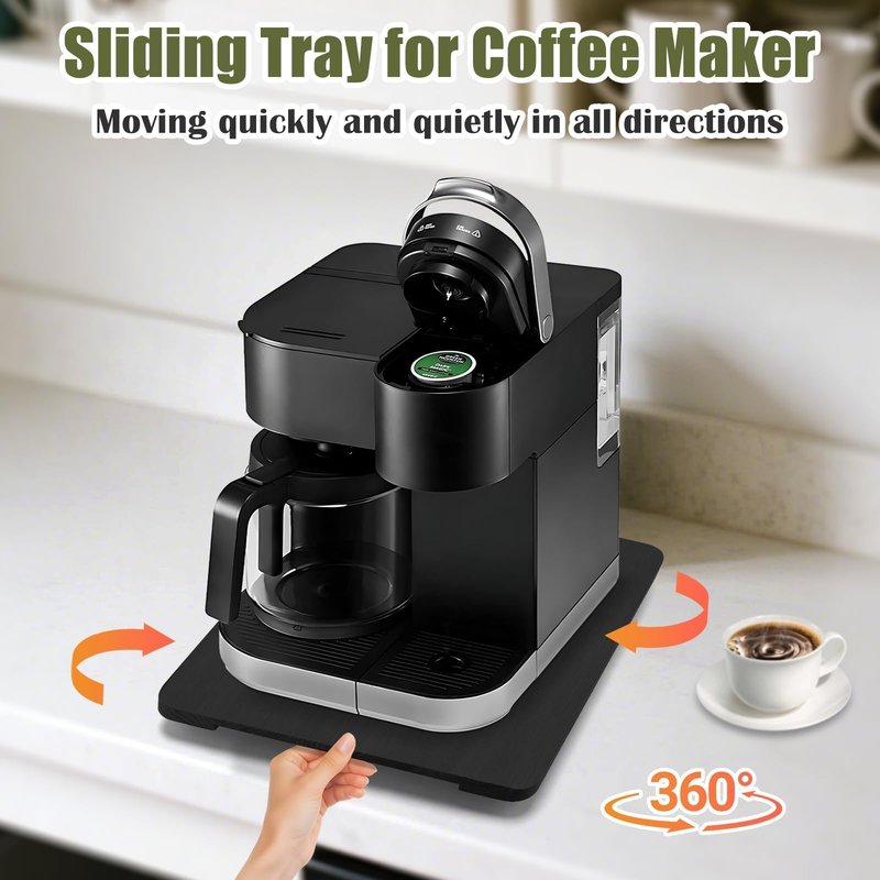 360° Rolling Tray for Coffee Maker, Sliding Tray Countertop Appliance Slider with Rubber Wheels for Heavy Kitchen Appliances, Easily from Under Cabinet (13" W x 16" D, Black)