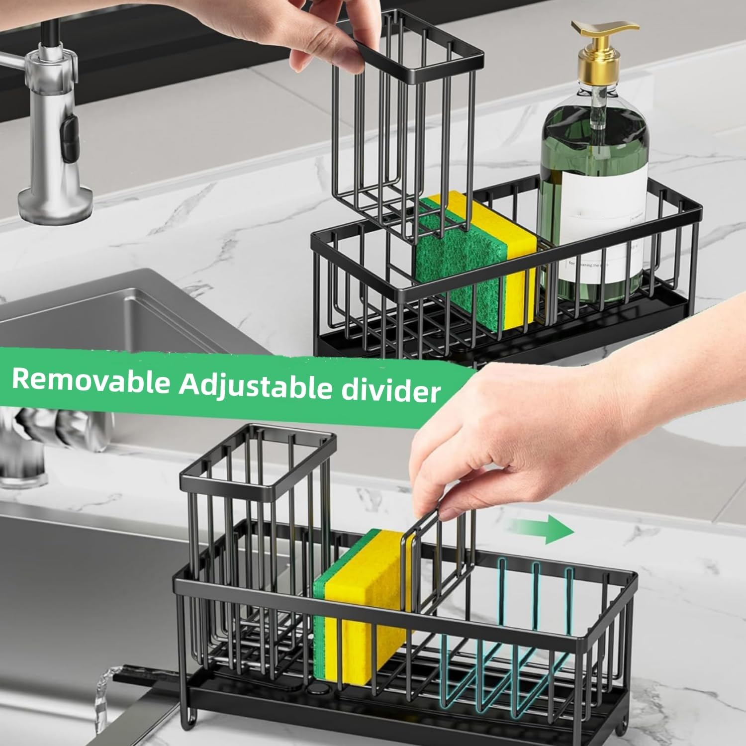 Skiennix Sponge Holder - Auto Draining Sink Caddy Organizer with Brush Holder | Stainless Steel Kitchen Accessory