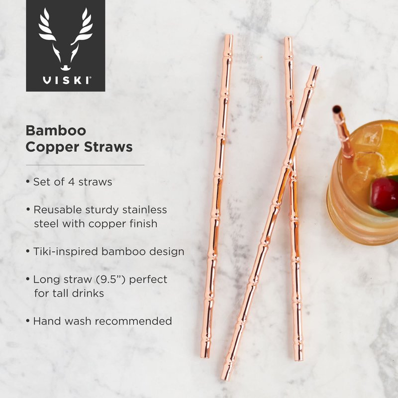 Viski Stainless Steel Cocktail Straws - Reusable Copper Bamboo Tiki Straws- Eco-Friendly Bamboo Finish Metal Drinking Sipper 9.5 Inch, Set of 4