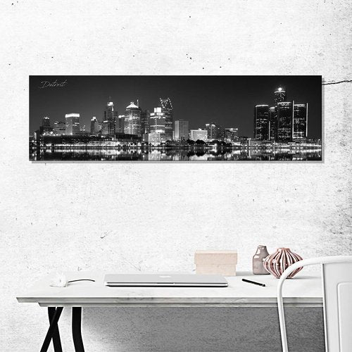 Black and White Detroit Skyline Wall Art for Living Room USA Michigan Cityscape Picture Bedroom Wall Decor Night View Downtown City Building Skyscraper Panoramic Painting Artwork Home Decoration 14x48