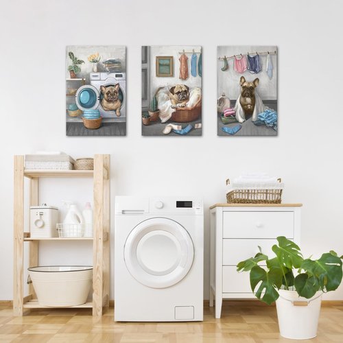 Conipit Laundry Room Canvas Wall Art Funny Dog Painting Prints Artwork Decor for Laundromat Dry Cleaning Store Framed (Medium, grey)