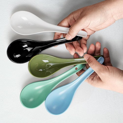Artena Bright White Soup Spoons Set of 6 - Ultra-Fine Porcelain for Ramen, Pho & Cereal | Deep Oval Hook Design