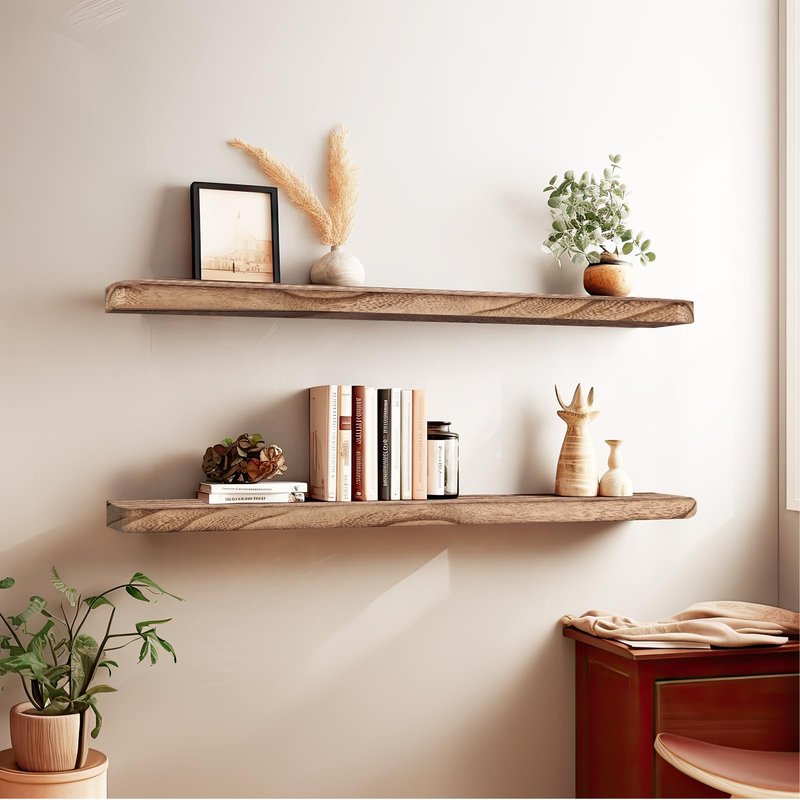 YLYHSST Floating Shelves 36 Inches Long, Set of 2 Solid Rustic Wood Wall Mounted Shelves, Wall Picture Ledge Shelf with Invisible Metal Brackets for Living Room, Bedroom, Bathroom, Carbonized Black