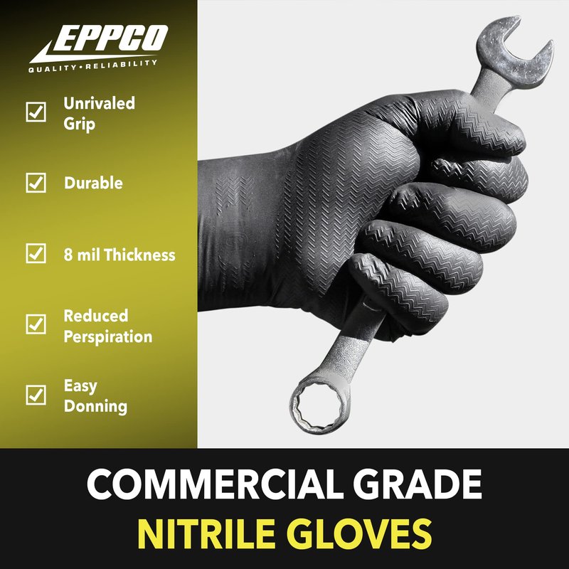 EPPCO LionGrip 7-Mil Black Nitrile Gloves Disposable Powder Free, Latex Free Textured Superior Grip Glove for Mechanics, Auto-motive, Industrial Work, X-Large, Box of 100