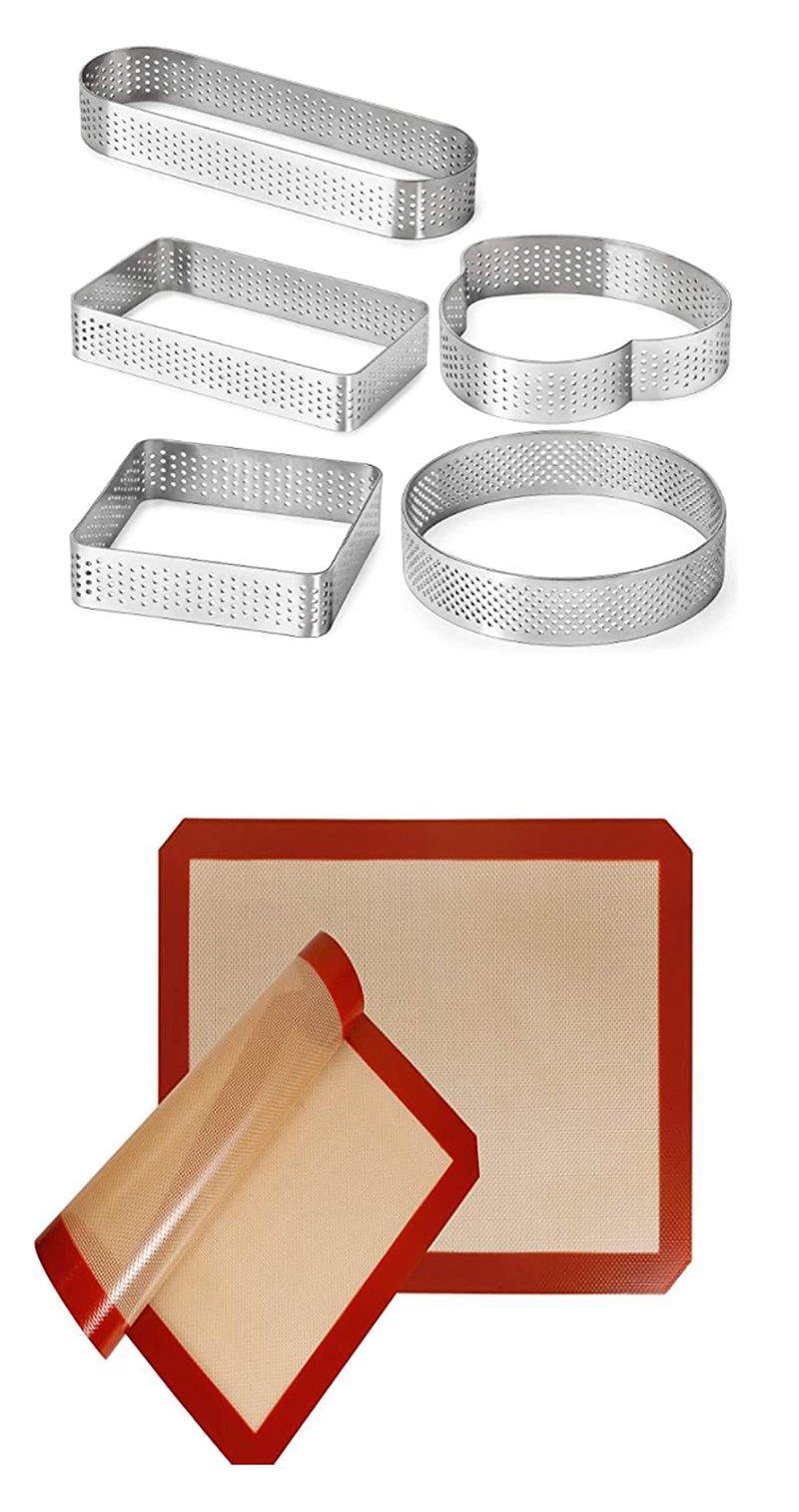 N/A, Silicone Baking Mat with Baking tart rings set of 5,Stainless Steel tart ring, Heat-resistant nonstick tart ring, muffin rings, molds and cake.