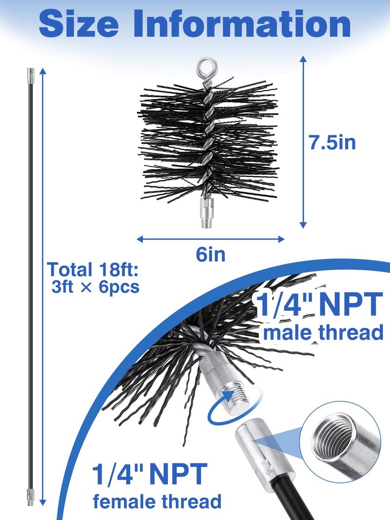 18FT Total Fiberglass Chimney Cleaning Kit - 3FT × 6Pcs Fiberglass Chimney Rod and 6 Inch Brush, with Standard 1/4" NPT End Fitting, Chimney Cleaning Sweep Kit for Hearth Fireplace