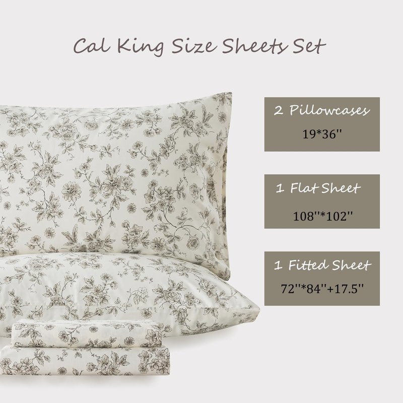 Zusbest California King Tan Floral Sheets 100% Cotton Beige Patterned Bed Sheet Set Vintage Peony Flower Toile Printed Bedding Soft Breathable Crisp Percale Sheets Deep Pocket 17.5'', 4 Pcs