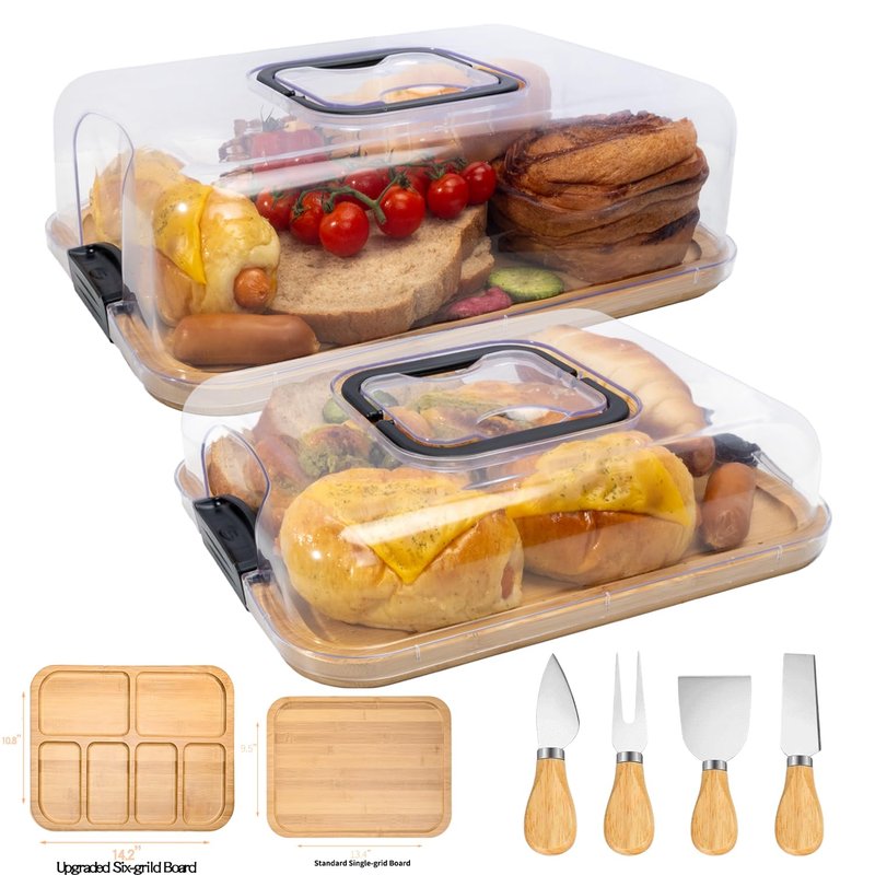 JEPISADI 13.4"x9.5" Portable Cheese Board with Standard Clear Lid - Bamboo Charcuterie Container for Office, School, Travel - Carrying Handle & Locking Clasps