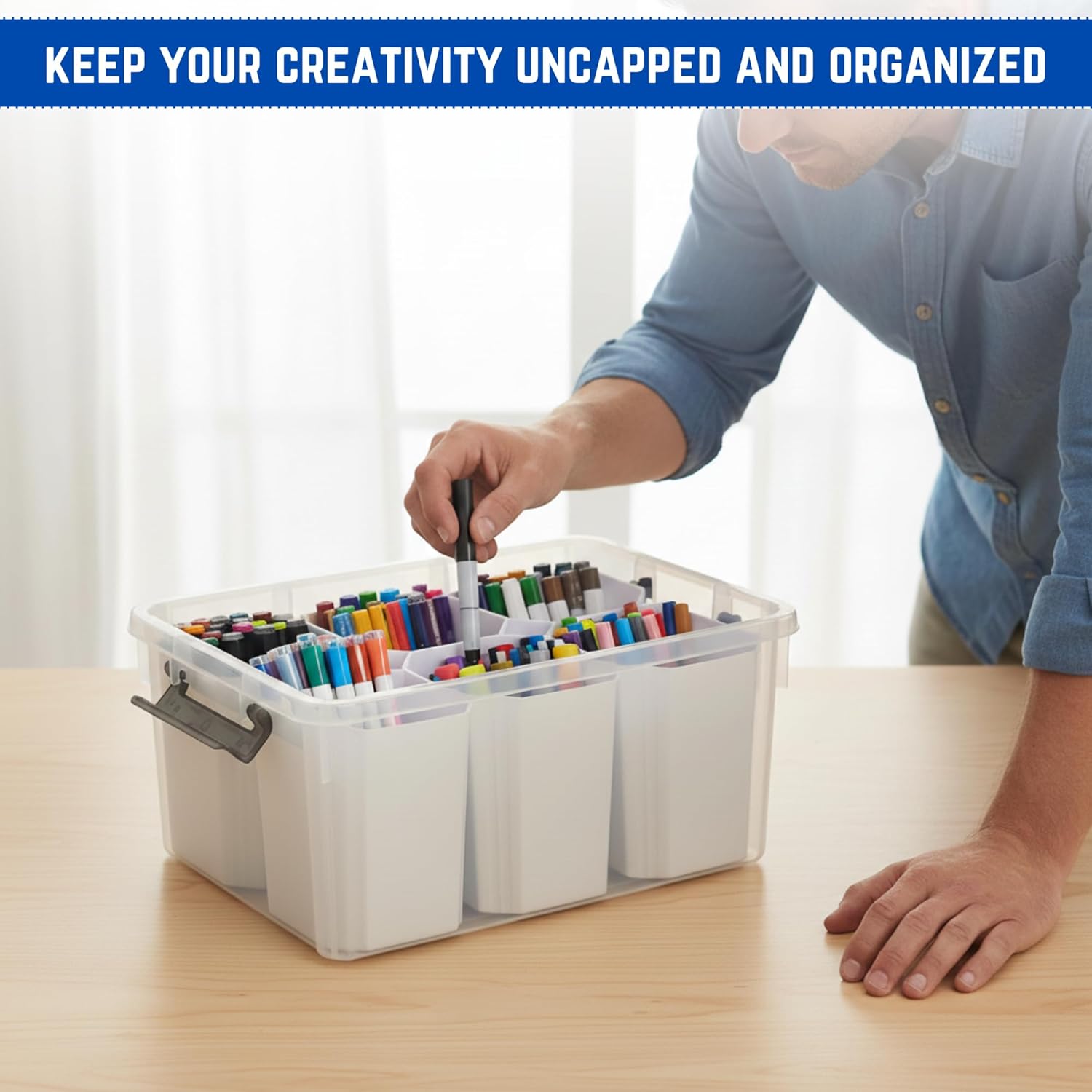 Trivon Plastic Storage Bins - Versatile 17 QT Clear Container with 6 Removable Inserts | White, 15.94x7.61x7.28 Inches